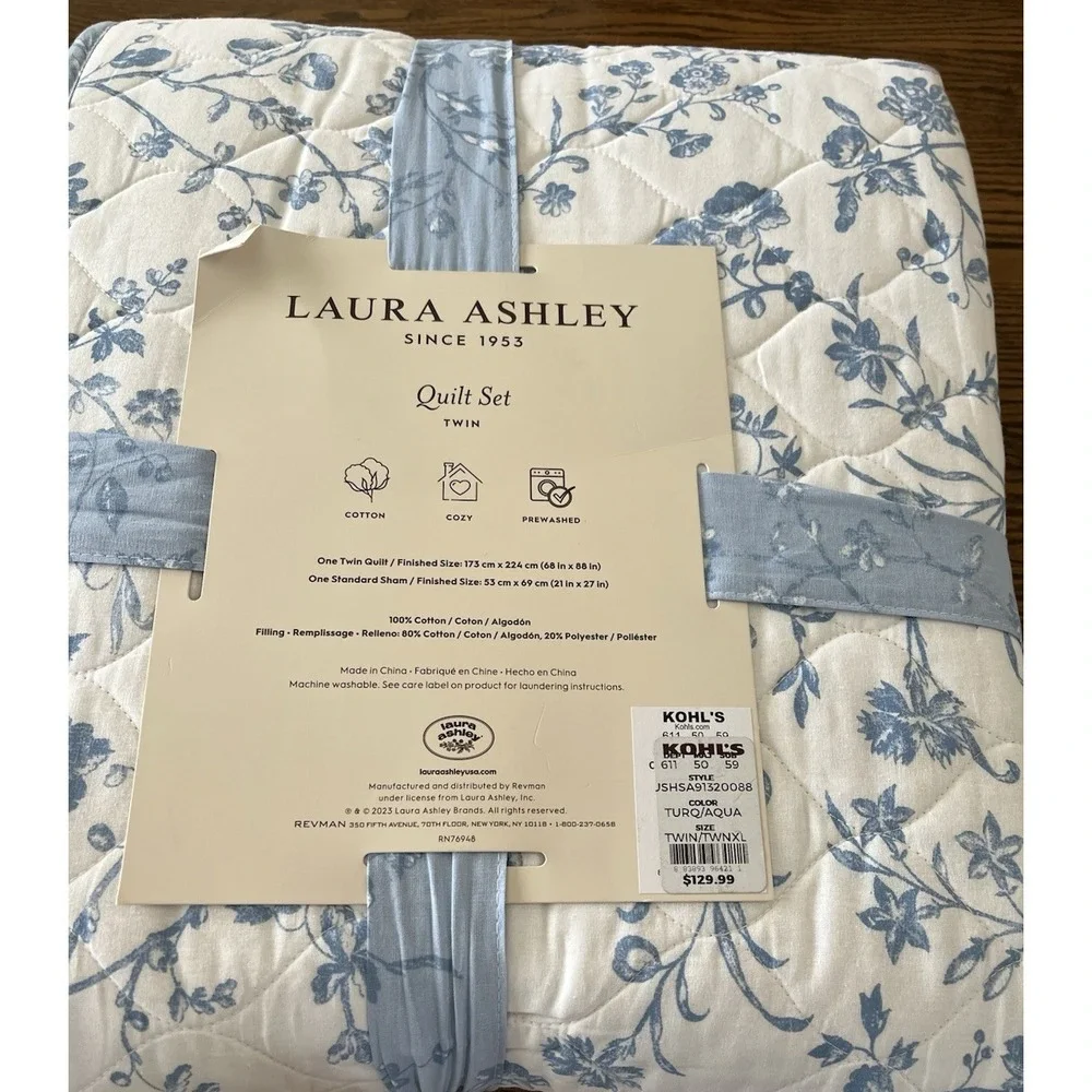 Laura Ashley Twin Quilt Sham Set Cotton Blue White Floral Dorm Room Cottagecoore